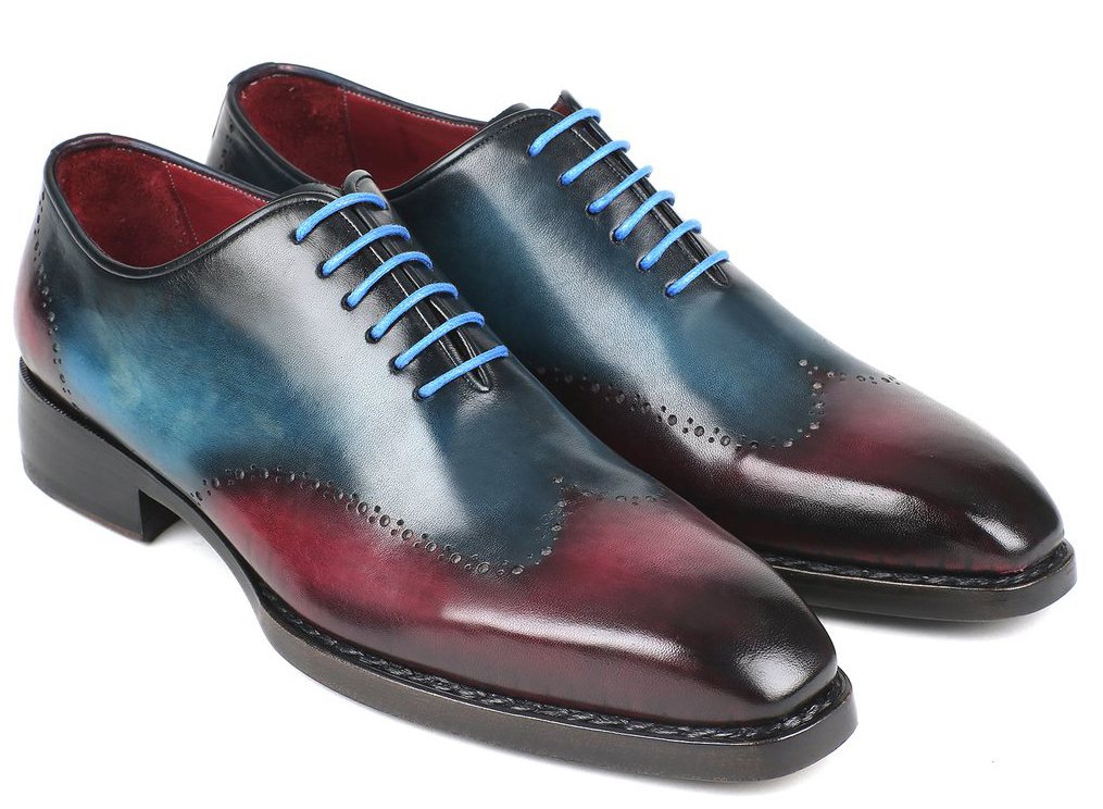 Paul Parkman ''081-BPX'' Blue / Purple Genuine Hand-Painted Leather Welted Wingtip Oxfords Shoes.